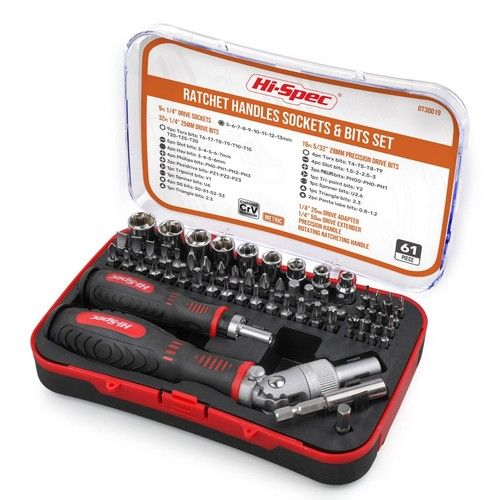 Screwdriver Bits Socket Set 61pc 1/4in Hex Torx, Right-Angle Ratchet - Hi-Spec