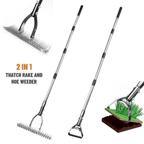 2 in 1 Garden Long Handle Thatch Rake/Oscillating Stirrup Hoe Weeder Lawn Rake
