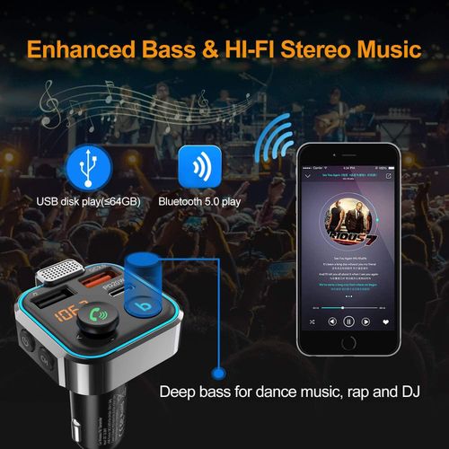 WQPRA Car FM Transmitter, Wireless Bluetooth 5.0 Radio Adapter Car Kit — image 5