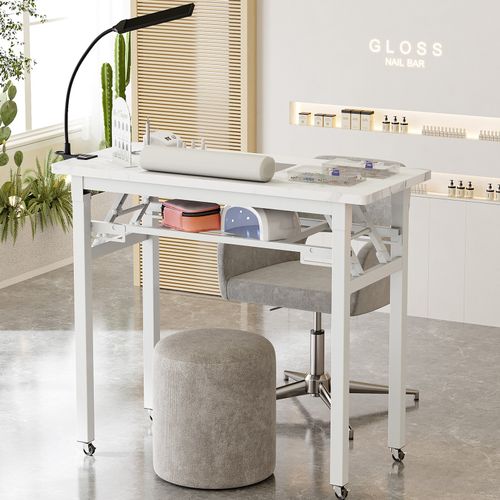 Portable Foldable Nail Desk w/Dust Collector &LED Light Lamp&Wrist Cushion White — image 10