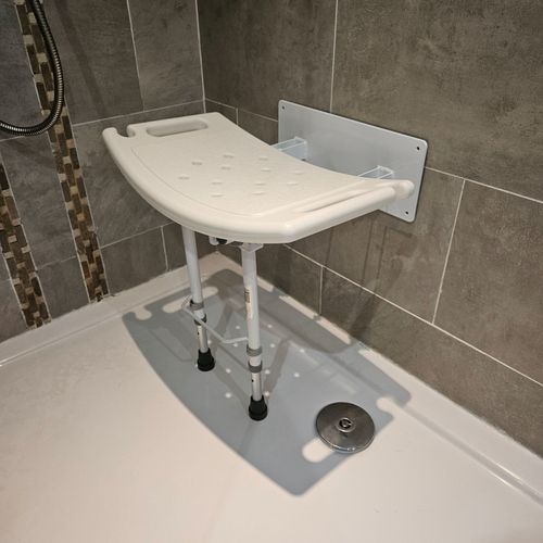 Wall mounted folding fold down shower seat chair stool bench adjustable legs — image 2
