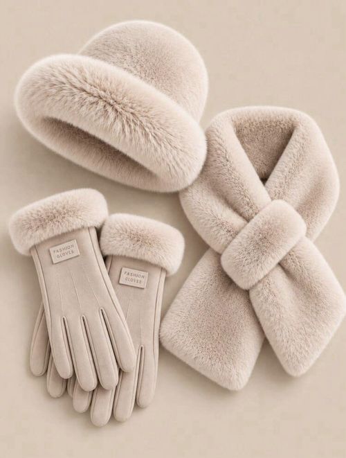 3pc Women's Winter Faux Fur Hat Scarf Gloves Set, Plush Bucket Hat, Cross Scarf — image 4