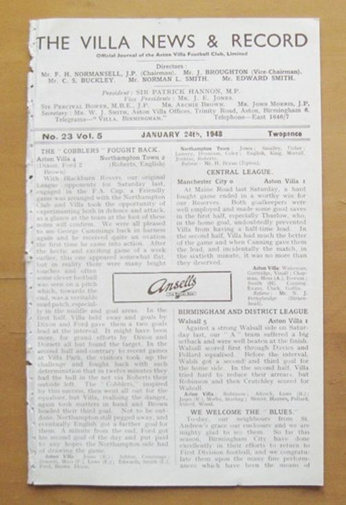 ASTON VILLA v BIRMINGHAM CITY Friendly 1947/1948 *Good Cond Football Programme*