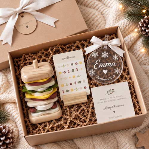 Personalised Kids Christmas Gift Box Wooden Montesso Toy & Name Bauble Xmas Gift
