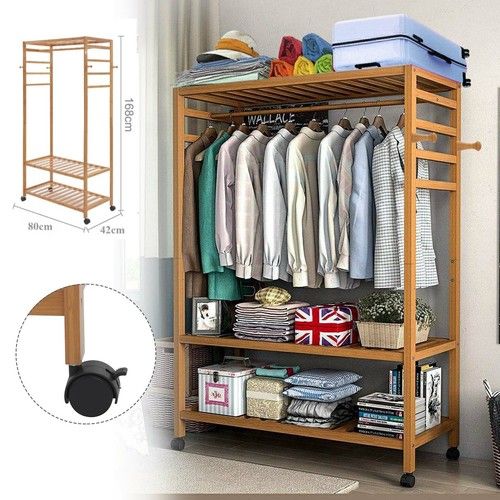 Heavy Duty Wooden Clothes Rail Rack Garment Hanging Stand Corner Open Wardrobe
