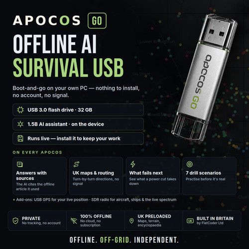Offline AI Survival USB - UK Maps, Prepper Library, Off-Grid PC - ApocOS Go