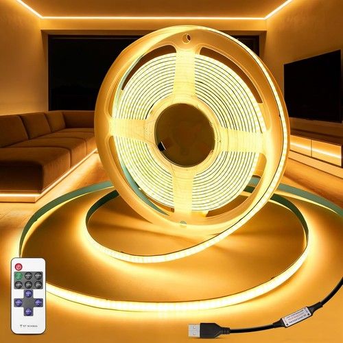 KSIBNW 3M USB COB LED Strip Light Warm White 3000K Dimmable with Remote