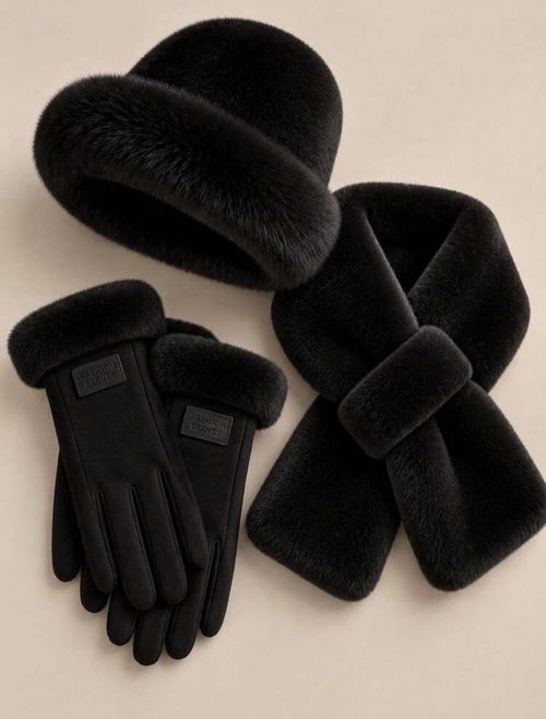 3pc Women's Winter Faux Fur Hat Scarf Gloves Set, Plush Bucket Hat, Cross Scarf — image 5