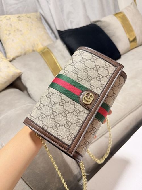 Gucci GG Monogram Canvas Chain Wallet Web Stripe Beige/Brown Gold-Tone Chain