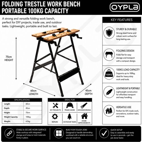 NEW! DIY Folding Foldable Trestle Work Bench Workbench Portable 100kg — image 2