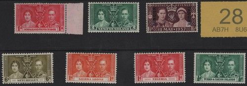 Mixed 1937 Coronation stamp selection. Mounted MINT. Incl Somaliland MNH.