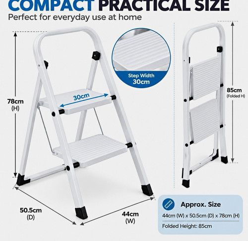 White 2 Step Folding Step Ladder Stool, Steel Frame, Non-Slip Wide Steps 150kg