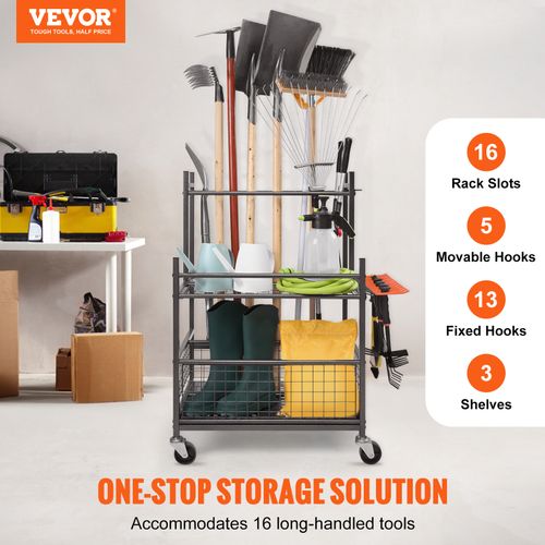 VEVOR Garden Tool Storage Rack with Wheels Garage Organizer 16 Slots with Hooks — image 2