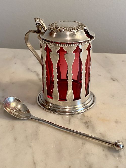 Sterling Silver Victorian Cutwork Mustard Pot Cranberry Liner w/Sterling Spoon — image 8