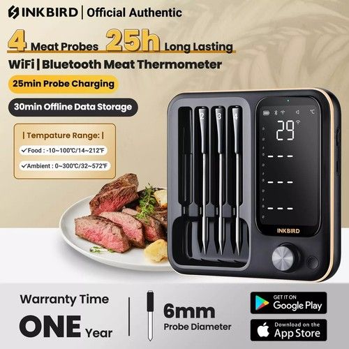 INKBIRD WiFi Meat Thermometer INT-14-BW 4 Wireless Probes LCD Display BBQ Grill