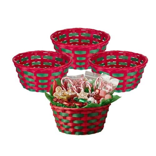 4 Small Round Christmas Hamper Basket Red Green Woven Sweet Gift Basket 21cm