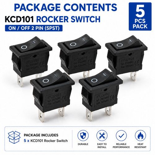 5PCS KCD101 Rocker Switch ON OFF 2 Pin 6A 250V 10A 125V Mini Toggle Switch Black