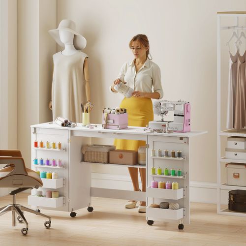 HOMCOM Folding Sewing Table with 2 Magnetic Doors, Storage Shelf, White — image 10