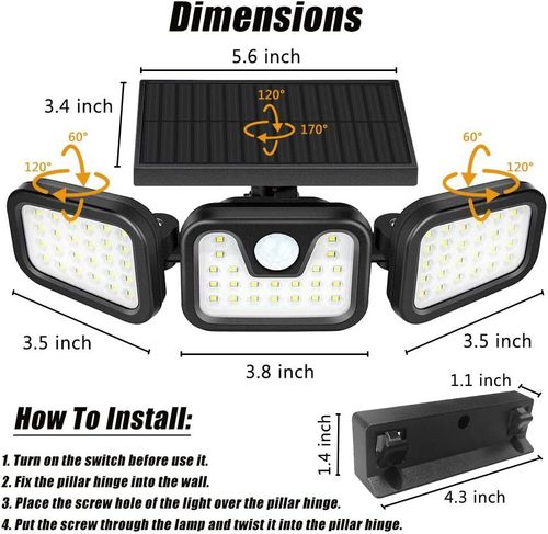 3-Head 74 LED Solar Powered PIR Motion Sensor Wall Garden Security Flood Lamp — image 3