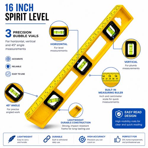 16” Spirit Level 3 Dial Bubble Level Measuring Ruler DIY Tool Heavy Duty Yellow — image 2