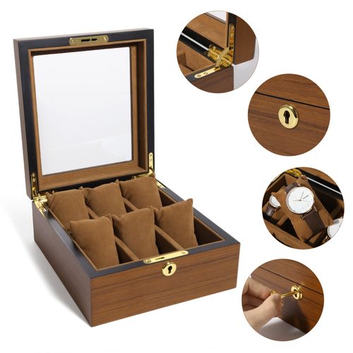 6/10/12 Grids Wooden Watch Box Glass Lid Jewelry Display Organizer Storage Case — image 3