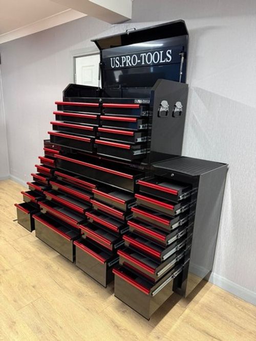 US PRO TOOL CHEST CABINET BOX SPECIAL EDITION! RED HANDLES WITH 2 SIDE CABINETS