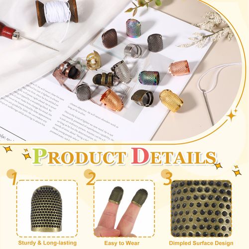 Sewing Thimble, 4 Pcs Metal Thimbles Adjustable for Hand Sewing, Copper Green — image 3