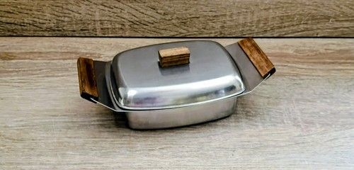 Mid Century Modern MCM Stainless Steel Lidded Butterdish With Teak Wood Handles