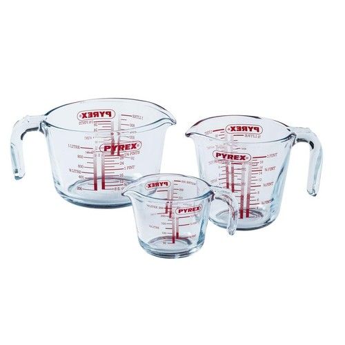 3 Pyrex Glass Measuring Jug Set 0.25L 0.5L & 1L Classic Kitchen Measurement Jug