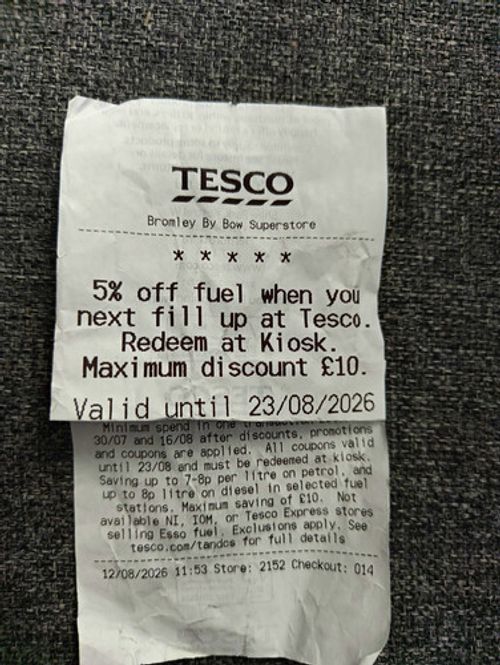 Tesco 5% Off Fuel Coupon Voucher, Max £10 Discount, Valid Until 23/08/2026