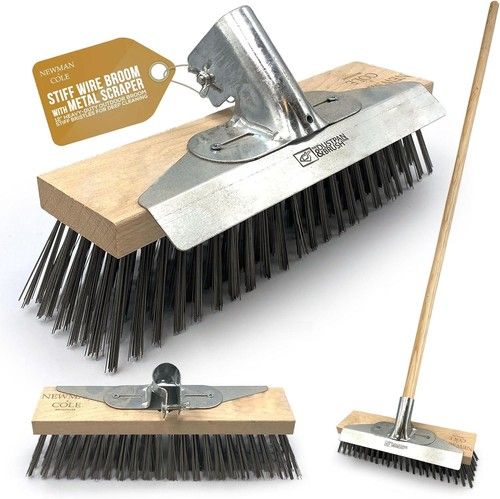 Wire Patio Brush 12in with Scraper Long Handle Moss Weed Removal Broom