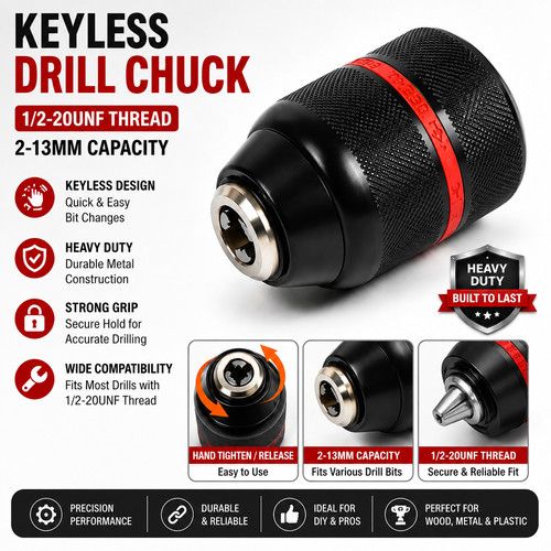 Keyless Drill Chuck Metal Heavy Duty 1/2-20 UNF Threaded 2-13mm Capacity Tool