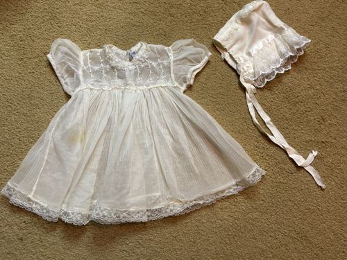Vintage Carol Joy 50s Baby Baptism Christening Dress Sheer Bonnet Ivory White — image 1