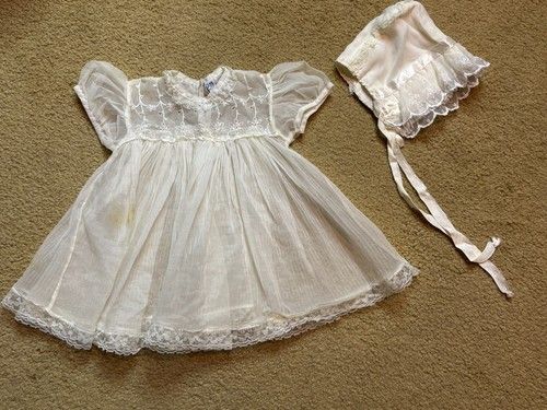 Vintage Carol Joy 50s Baby Baptism Christening Dress Sheer Bonnet Ivory White