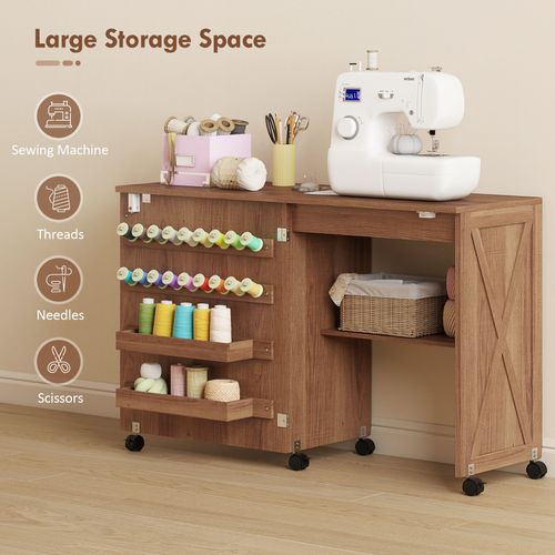 HOMCOM Folding Sewing Table, Craft Table with Storage compartments, Brown — image 6