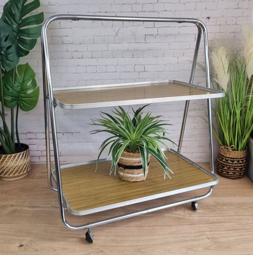 Vintage 2 Tier Folding Tea Trolley Metal Wood Effect Trays Serving Hostess Retro