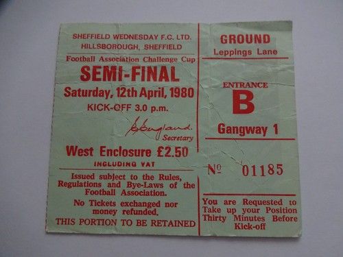 1979/80 FA Cup Semi Final Arsenal v Liverpool Ticket Stub