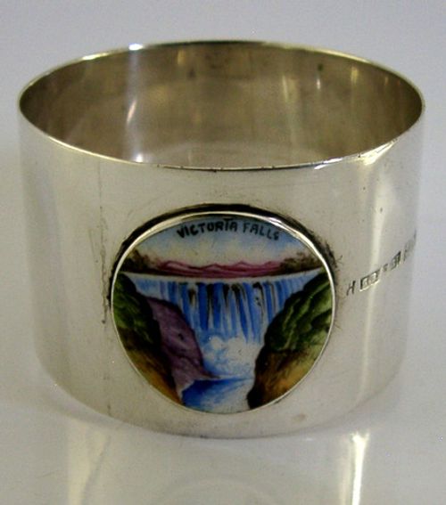 ENGLISH 1914 ANTIQUE STERLING SILVER ENAMEL VICTORIA FALLS NAPKIN RING