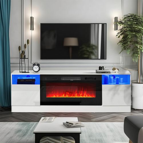 Modern 70" TV Stand Cabinet Unit with 12 LED Light Insert 32" Electric Fireplace — image 13