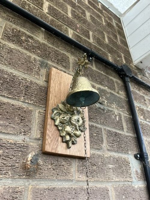 Antique Wall Mounted Cast Brass Bell Mounted On Oak Plinth