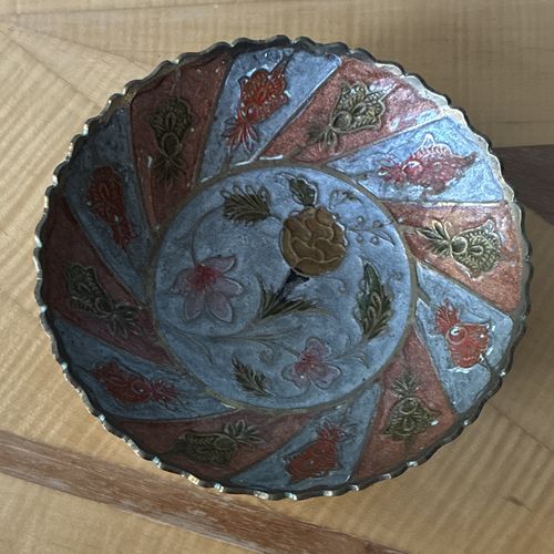 Asian Style Brass Plate/Dish with Floral Design, Approx. 6 in Diameter — image 1