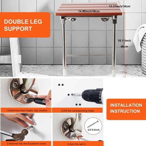 Wall Mounted Folding Shower Seat with Legs Wooden Bathroom Bench Non-Slip for — image 6