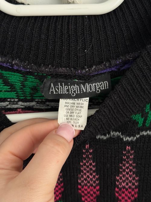 Vintage Ashleigh Morgan Floral Knit Sweater M Black Purple Made in USA 80s 90s — image 5