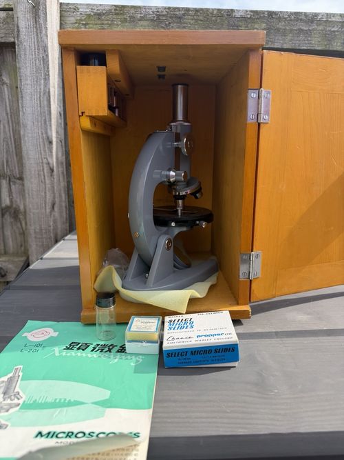 Vintage Chinese Laboratory Microscope in Locking Wooden Case w/ Slides — image 2