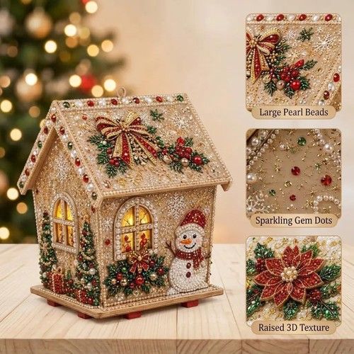 3D Wooden House Christmas Pearl Diamond Art Kit, Christmas Diamond Painting Kits