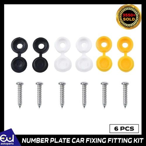 6 x NUMBER PLATE CAR FIXING FITTING KIT SCREWS & CAPS HINGED BLACK YELLOW WHITE