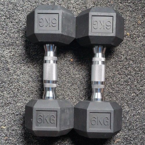 6kg Pair Hex Dumbbells Black Rubber & Silver Metal, Knurled Grip (2)