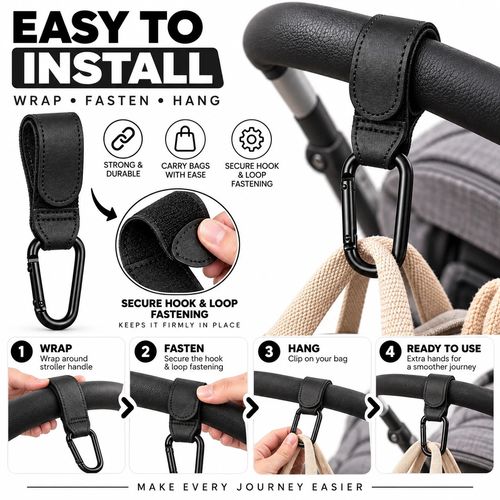 2x Leather Buggy Clips Pram Hooks For Bags Baby Pushchair Clips Stroller Hooks. — image 2
