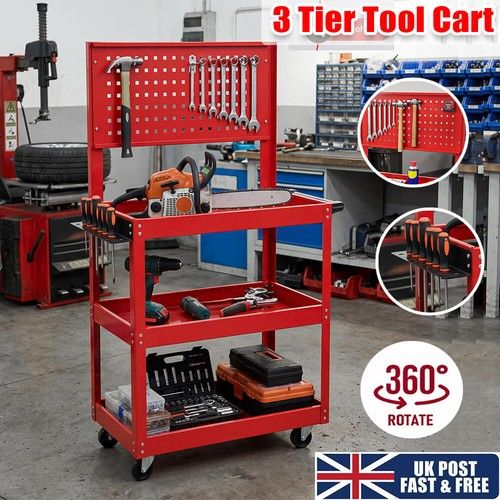 Heavy Duty Tool Storage Trolley Wheel Cart 3 Tier Shelf Cabinet Drawer Workshop