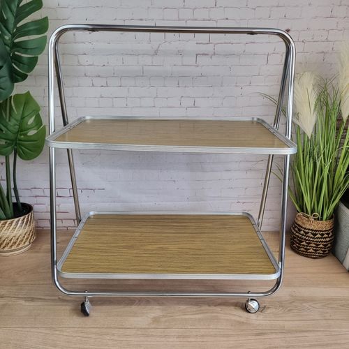 Vintage 2 Tier Folding Tea Trolley Metal Wood Effect Trays Serving Hostess Retro — image 5